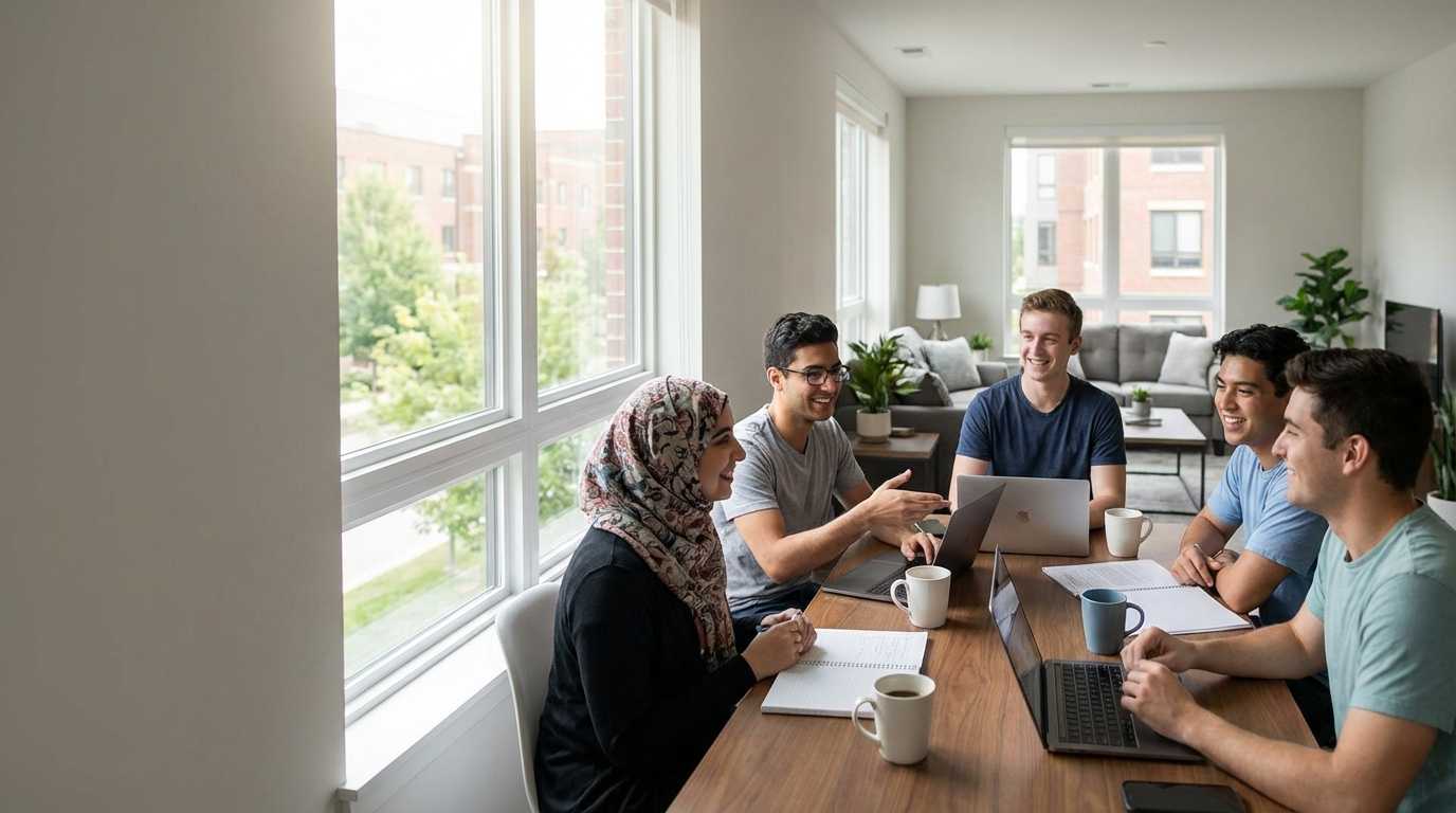 Students planning together around a table